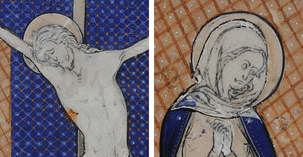Figure 2. Lead white is the fundamental component in creating flesh or skin tones. This thirteenth century manuscript has extensive losses of white paint, exposing the black ink underdrawing. Manuscript Leaf with the Crucifixion, from a Missal (detail), ca 1270–80. Paris, France. Tempera and gold on parchment; Overall (folio): 8 3/4 x 5 7/8in. (22.2 x 14.9cm) Mat: 19 1/4 x 14 3/16 in. (48.9 x 36.1 cm). The Metropolitan Museum of Art, New York, Purchase, Bequest of Thomas W. Lamont, by exchange, 1981 (1981.322)