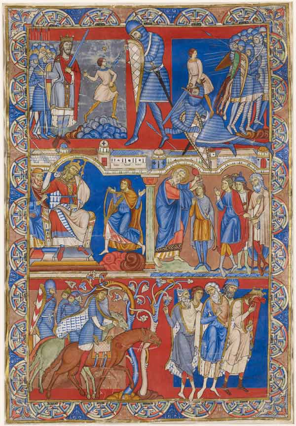 The Morgan Leaf, from the Winchester Bible: Frontispiece for 1 Samuel (?) with Life of David (v.), ca. 1150–80. Made in Winchester, England. Tempera and gold on parchment; 22 15/16 x 15 9/16 in. (58.3 x 39.6 cm). Lent by the J. Pierpont Morgan Library, New York