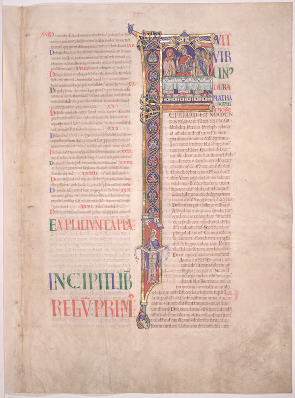 The Morgan Leaf, from the Winchester Bible: Opening for the Book of 1 Samuel (r.); Frontispiece for 1 Samuel(?) with Life of David (v.), ca 1150–80. Made in Winchester, England. Tempera and gold on parchment; 22 15/16 x 15 9/16 in. (58.3 x 39.6 cm). Lent by the J. Pierpont Morgan Library, New York