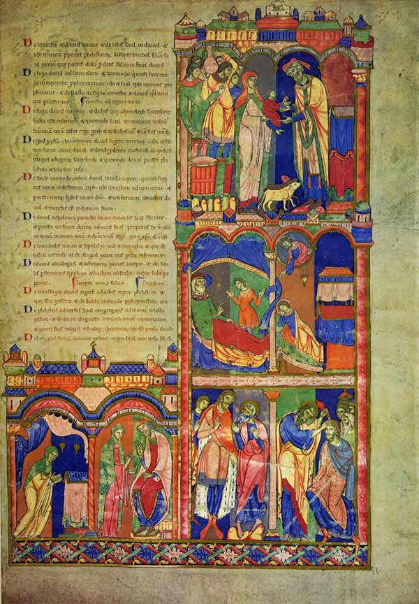 The Morgan Leaf, from the Winchester Bible: Opening for the Book of 1 Samuel (r.); Frontispiece for 1 Samuel(?) with Life of David (v.), ca 1150–80. Made in Winchester, England. Tempera and gold on parchment; 22 15/16 x 15 9/16 in. (58.3 x 39.6 cm). Lent by the J. Pierpont Morgan Library, New York