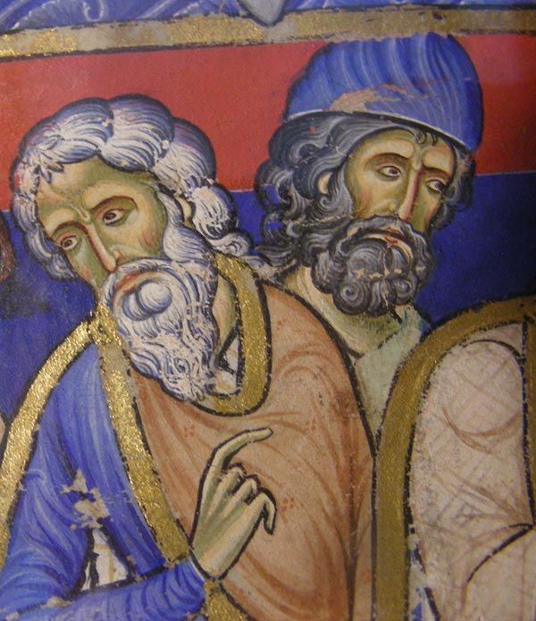 David’s warriors, by the Morgan Leaf Master. Frontispiece for 1 Samuel (?) with Life of David. from the Winchester Bible, folio 148r, ca. 1150–80. Winchester Cathedral Priory of St. Swithun. Tempera and gold leaf on parchment. Lent by the Pierpont Morgan Library, New York. Image Courtesy of the Pierpont Morgan Library, New York