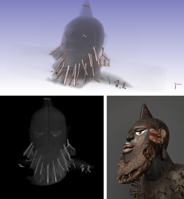Top: Computer-generated image showing all metal objects present in the head. Bottom left: CT scan revealing exact placing of the structural nails. Driven into the wood of the sculpture, these blades were then coated with a compound of resin, clay, and animal hair and skin, right. 