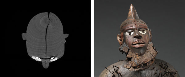 Left: Hidden cavities behind the eyes and the metal objects placed within, visible only on a CT scan; right: detail of the head of the Mangaaka.