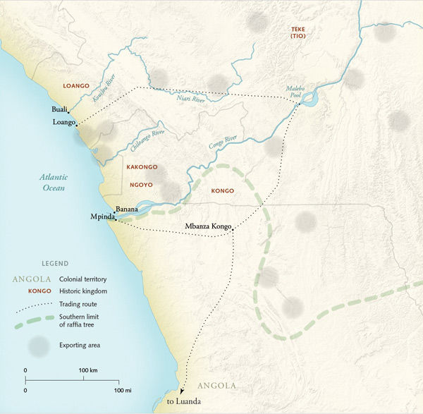 Raffia palms are endemic to the Kongo region of Central Africa, the high-quality weaving developed there was exported to further south, where it was used as currency. Precolonial raffia distribution and trade routes map by Anandaroop Roy, based on a map in Jan Vansina's 'Raffia Cloth in West Central Africa, 1500–1800'
