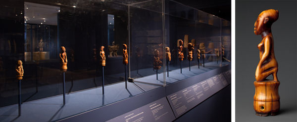 Left, installation view of carved ivory staff finials. Right, side view of Staff Finial: Kneeling Female Figure