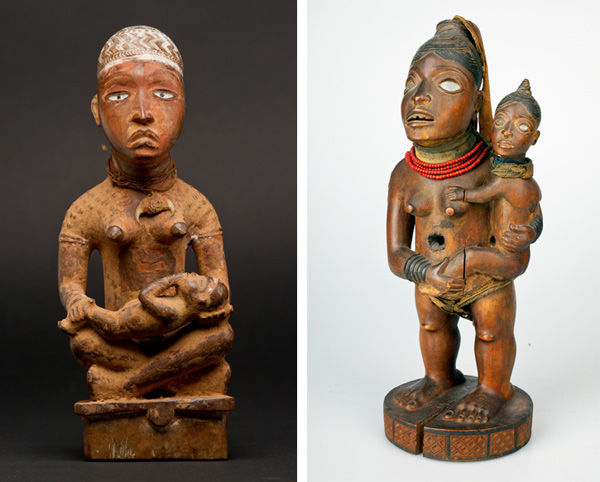 Left, Seated Female Supporting Figure with Hand raised to Mouth. Right, Power Figure: Standing Female with Child
