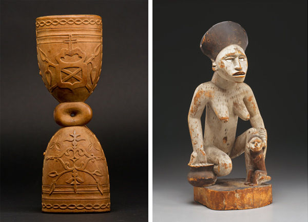 Left: Double Bell with Crest. Right: Ancestral Shrine Figure