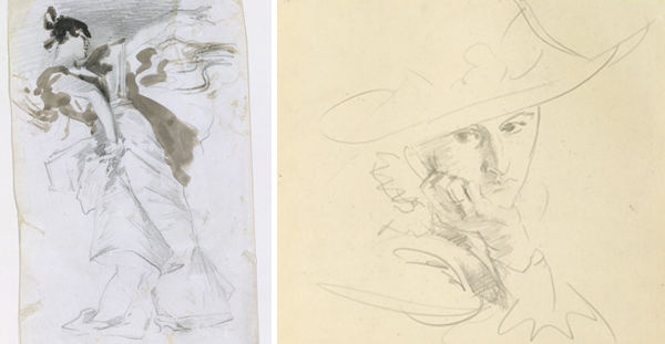 Left: John Singer Sargent (American, 1856–1925). After 'El-Jaleo,' ca. 1882. Graphite and watercolor on prepared clay-coated paper; 10 1/8 x 5 1/2 in. (25.7 x 14 cm); storage (mat size): 19 1/4 x 14 1/4 in. (48.9 x 36.2 cm). The Metropolitan Museum of Art, New York, Gift of Mrs. Francis Ormond, 1950 (50.130.139). Right: John Singer Sargent (American, 1856–1925). Jane de Glehn, Study for 'In the Generalife,' 1912. Graphite on off-white wove paper; 9 15/16 x 9 15/16 in. (25.2 x 25.2 cm). The Metropolitan Museum of Art, New York, Gift of Mrs. Francis Ormond, 1950 (50.130.116)