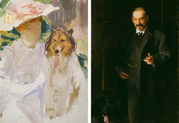 Left: John Singer Sargent (American, 1856–1925). Woman with Collie, after 1890. Watercolor, gouache, and graphite on white wove paper; 13 15/16 x 9 15/16 in. (35.4 x 25.2 cm); mat: 19 1/4 x 14 1/4 in. (48.9 x 36.2 cm). The Metropolitan Museum of Art, New York, Gift of Mrs. Francis Ormond, 1950 (50.130.27). Right: John Singer Sargent (American, 1856–1925). Asher Wertheimer, 1897–98. Oil on canvas; 58 x 38 1/2 in. (147.3 x 97.8 cm); framed: 70 1/2 x 50 3/8 x 5 13/16 in. (179 x 128 x 14.7 cm). Tate: Presented by the widow and family of Asher Wertheimer in accordance with his wishes 1922