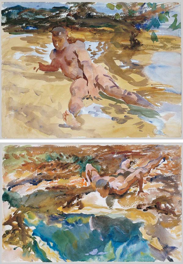 Top: John Singer Sargent (American, 1856–1925). Man on Beach, Florida, 1917. Watercolor and graphite on white wove paper; 15 3/4 x 20 7/8 in. (40 x 53 cm). The Metropolitan Museum of Art, New York, Gift of Mrs. Francis Ormond, 1950 (50.130.61). Bottom: John Singer Sargent (American, 1856–1925). Man and Pool, Florida, 1917. Watercolor and graphite on white wove paper; 13 11/16 x 21 in. (34.8 x 53.3 cm). The Metropolitan Museum of Art, New York, Gift of Mrs. Francis Ormond, 1950 (50.130.62)