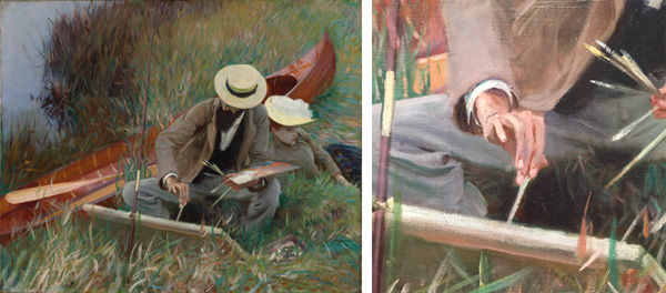 Man and woman sitting outdoors, full portrait and detail of man's hand