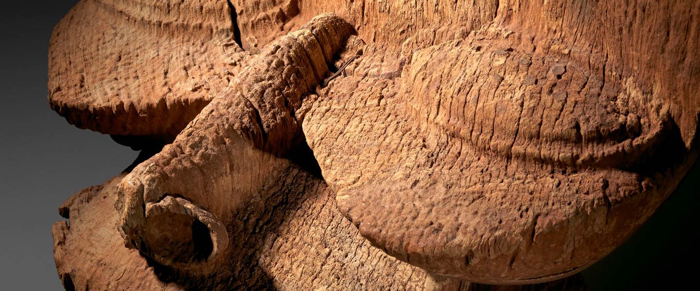 Detail view of an 18th-century wooden crest from Cameroon