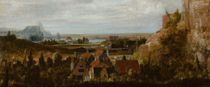 Detail view of a Dutch Golden Age oil painting depicting a town and steep cliffs