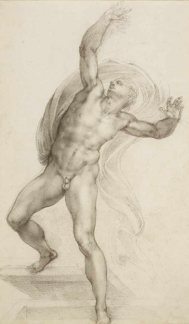 'The Risen Christ' by Michelangelo, depicting a male figure emerging from a box with arms stretched up in the air