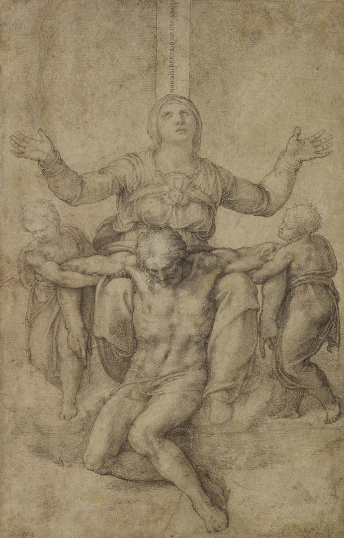 'The Virgin and Christ at the Cross with two Angels (Pieta' for Vittoria Colonna)' by Michelangelo, depicting a seated woman with hands in the air, looking towards the sky, with a male figure slumped in her lap, being held up by two smaller figures, one at each arm