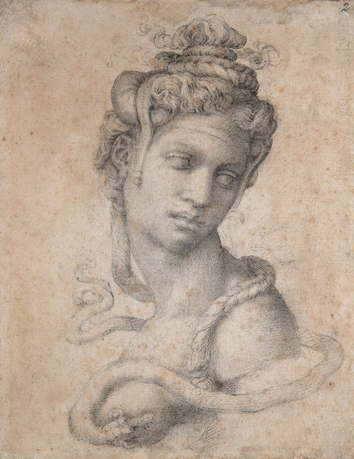 'Female Figure Seen in Bust-Length from the Front (Cleopatra) (recto and verso)' by Michelangelo, depicting a female bust with snakes wrapping around her shoulders and in her hair