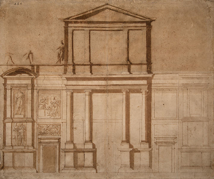 'Project for an Elevation of the Facade of San Lorenzo (First Design)' by Michelangelo, depicting the facade of a building with carvings of scenes and figures