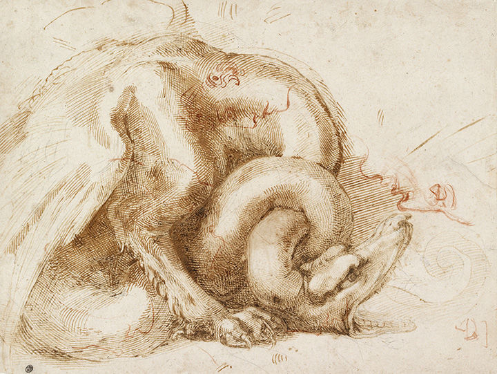 'Dragon and other Sketches (recto); Various Sketches of Eyes and Head Profiles(verso)' by Michelangelo, depicting a dragon with its neck tied up in a knot and its mouth open