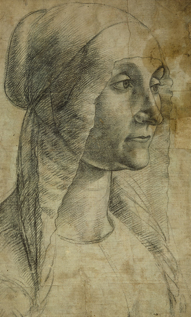 'Cartoon for the head of a woman in the Tornabuoni chapel (recto); Study for a standing woman in the Tornabuoni chapel (verso)' by Ghirlandaio