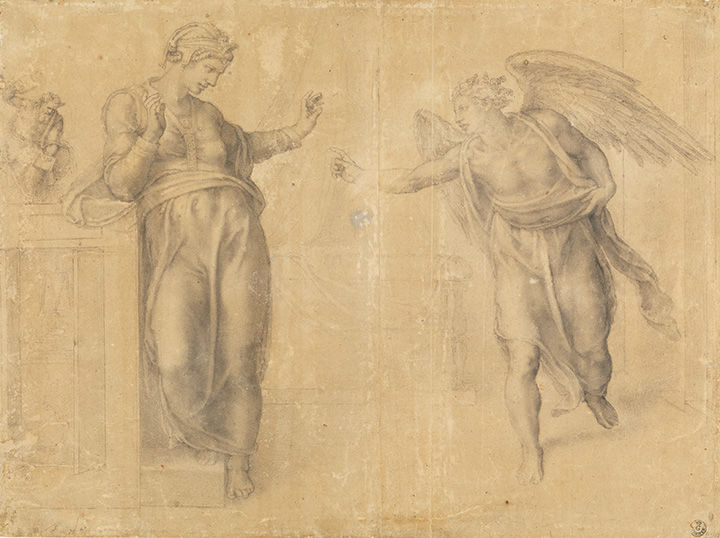 'The Annunciation' by Michelangelo, depicting a figure with wings approaching another figure who is standing with her elbow propped on a wall