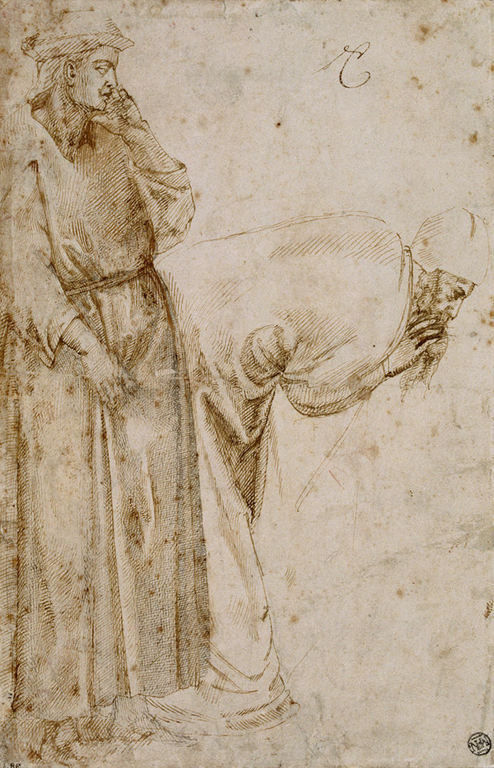 'Two Standing Male Figures, Copy After Giotto in the Peruzzi Chapel of Santa Croce, in Florence (recto); Two Studies of an Arm (verso)' by Michelangelo