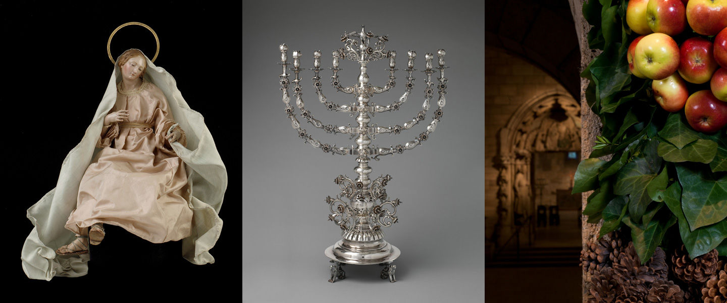 Composite photo of a crèche figure of the Virgin Mary, an elaborate 19th-century menorah, and festive seasonal decorations in a medieval cloister gallery