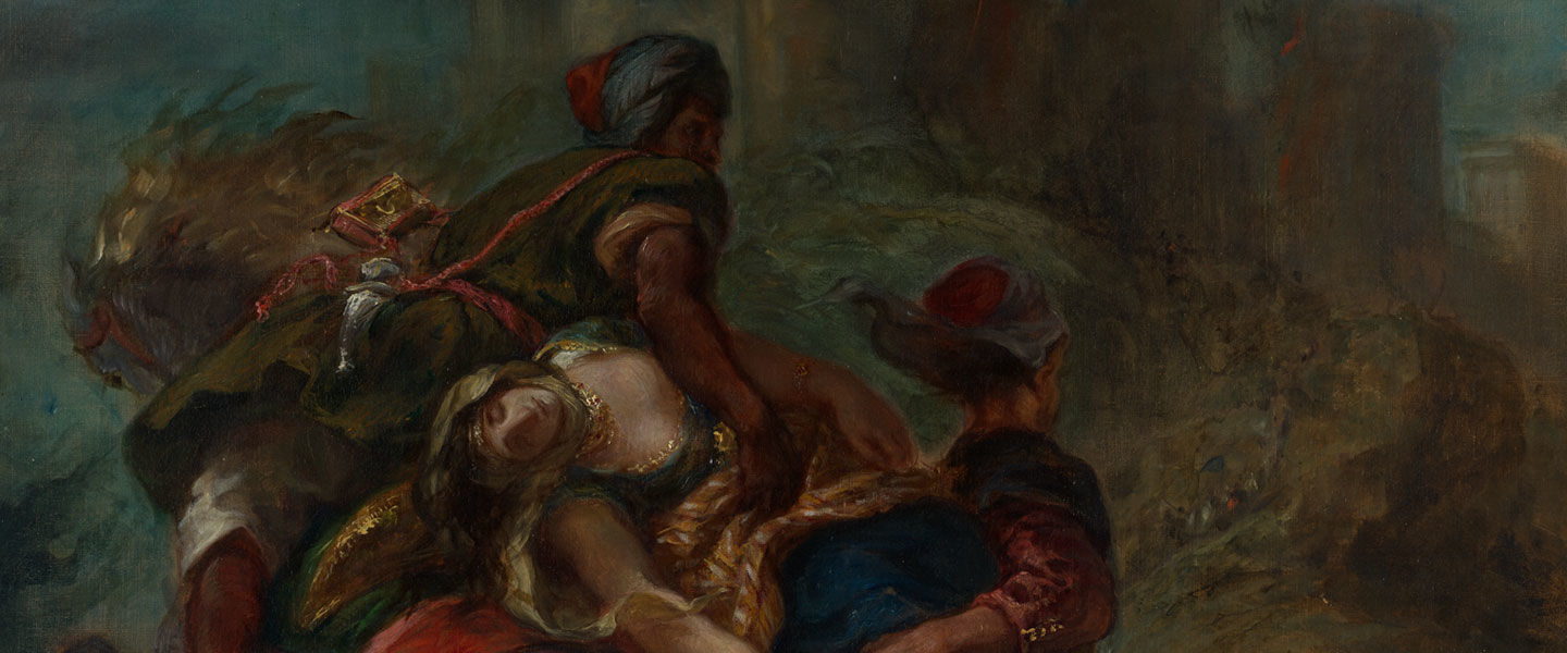 Detail view of a monumental oil painting by Eugène Delacroix depicting the biblical tale of the Abduction of Rebecca
