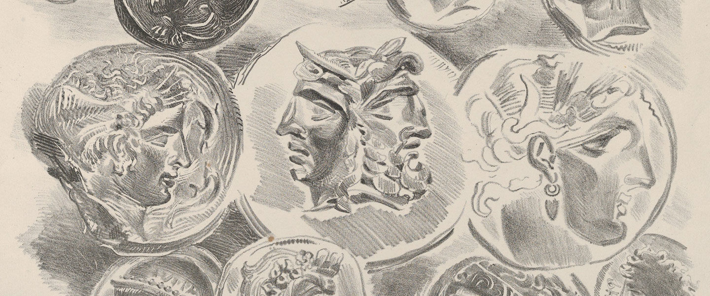 Detail view of a Delacroix lithograph of studies the artist made of ancient Roman coins