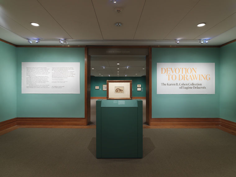 Gallery view of the entrance to the exhibition "Devotion to Drawing: The Karen B. Cohen Collection of Eugène Delacroix"