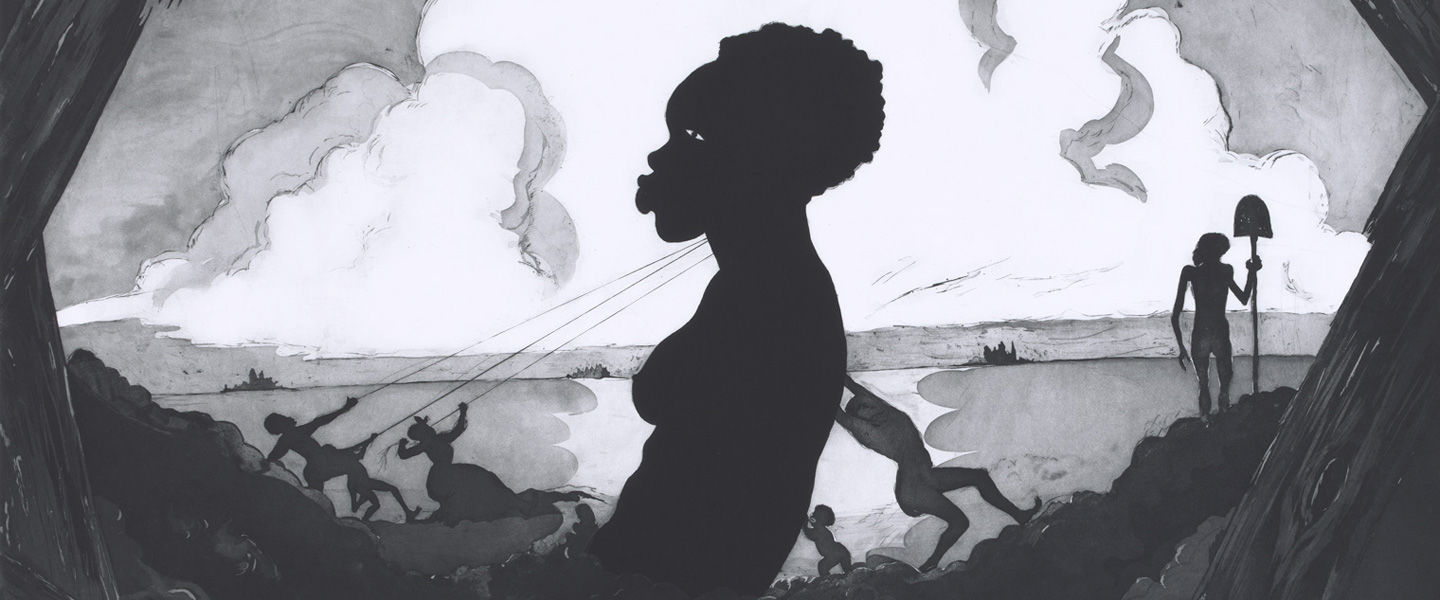 Detail view of a work on paper by Kara Walker depicting the erection of a large female monument 