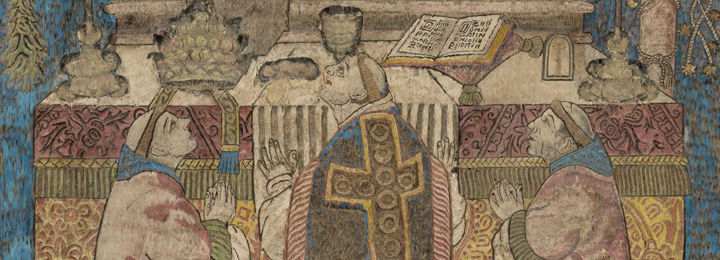 Detail view of 'The Mass of Saint Gregory,' a 16th-century painting of a liturgical scene made primarily of bird feathers