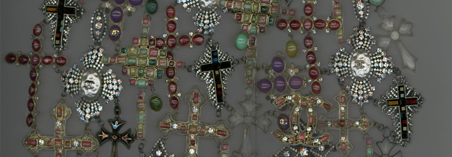 Detail view of a Karl Lagerfeld for House of Chanel gilet composed of many crosses