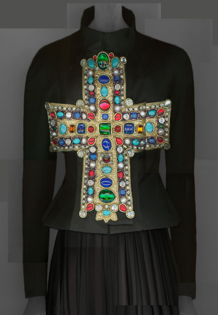 Christian Lacroix ensemble featuring a reliquary cross design with gemstone adornments