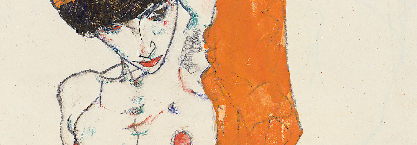 Egon Schiele (Austrian, 1890–1918). Standing Nude with Orange Drapery (detail), 1914. Watercolor, gouache and graphite on paper, 18 3/8 in. x 12 in. (46.7 x 30.5 cm). The Metropolitan Museum of Art, New York, Bequest of Scofield Thayer, 1982 (1984.433.315ab)
