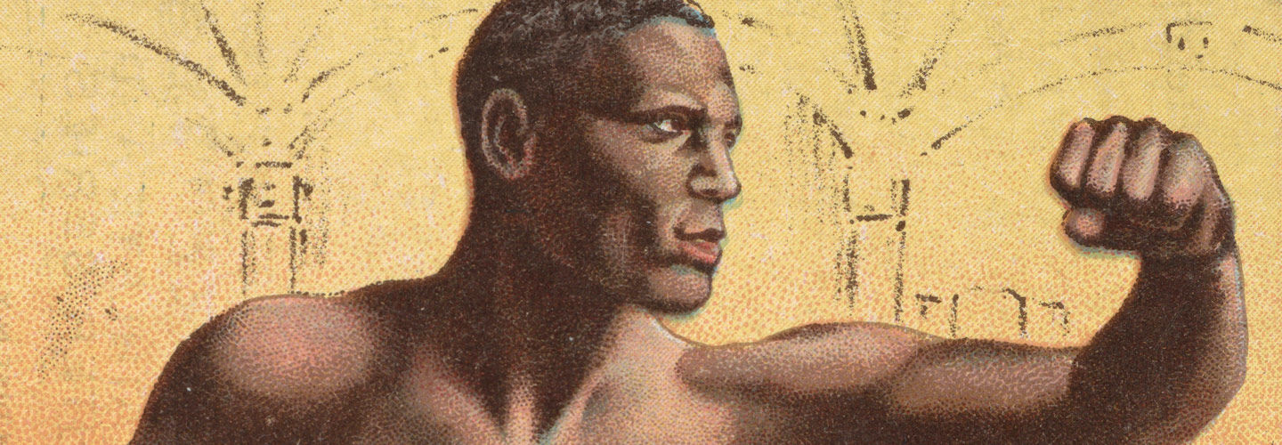 Detail view of a vintage boxing card depicting Joe Jeannette in a sparring pose