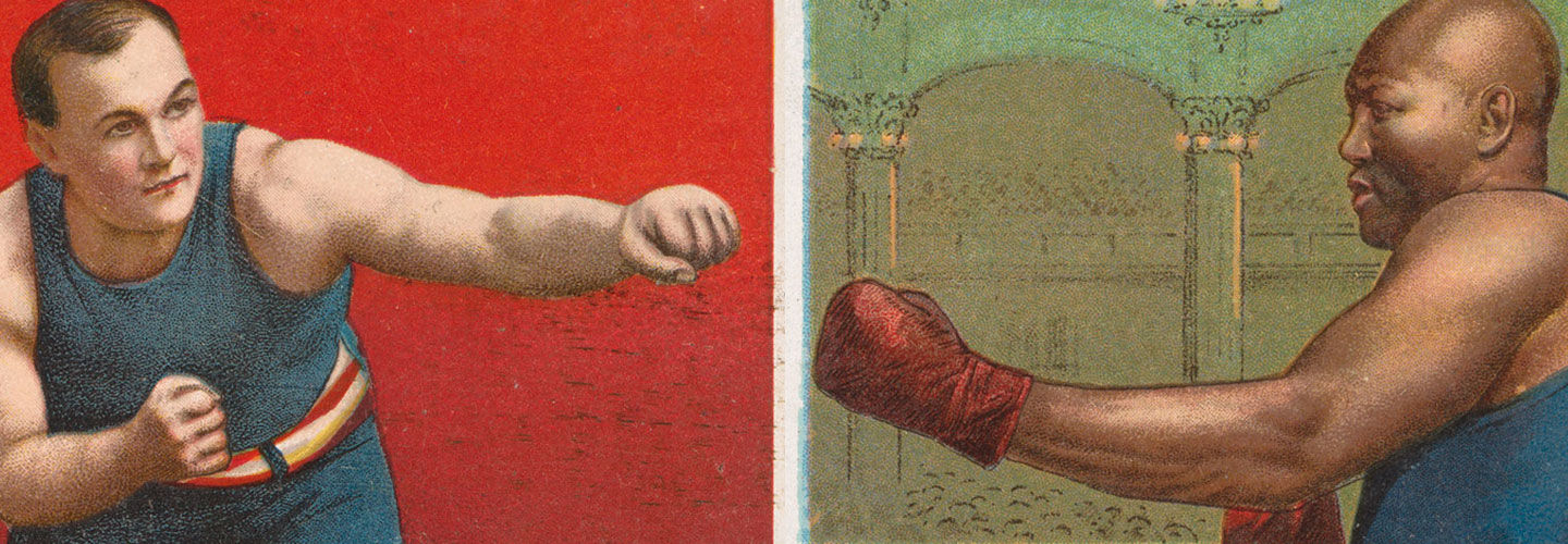 Two boxing cards from 1910, one depicting James J. Jeffries (left) and the other depicting Jack Johnson (right)