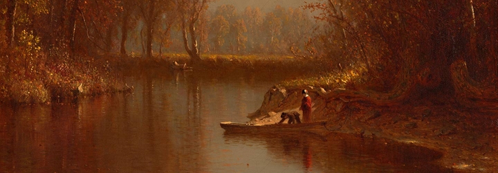 Detail from Sanford Gifford's An Indian Summer Day On Claverack Creek, showing a man and a woman surrounded by orange trees preparing to take a row boat out on the water