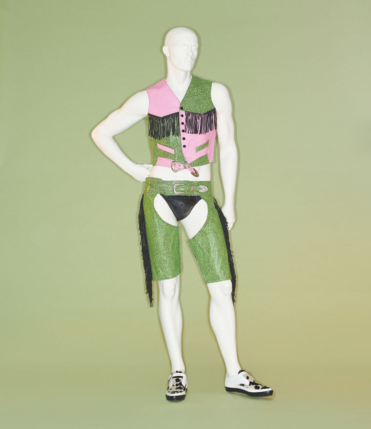 Vest and short pants made of glittery green and pink fabrics