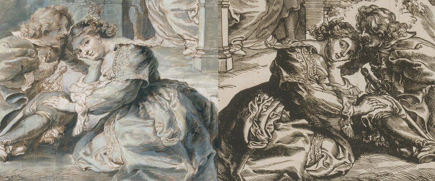 Composite image of a drawing and a print based on the same image of two young lovers in Rococo dress