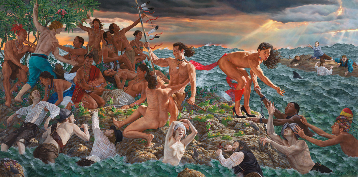 A painting of an island with Indigenous people helping shipwrecked settlers and slaves ashore