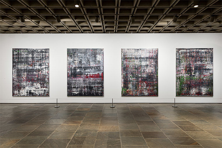 Installation view of four paintings from Richter's Birkenau series from Gerhard Richter: Painting After All at The Met Breuer