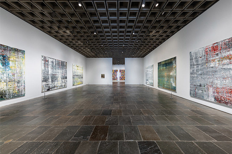 Installation view of four paintings from Richter's Cage series from Gerhard Richter: Painting After All at The Met Breuer