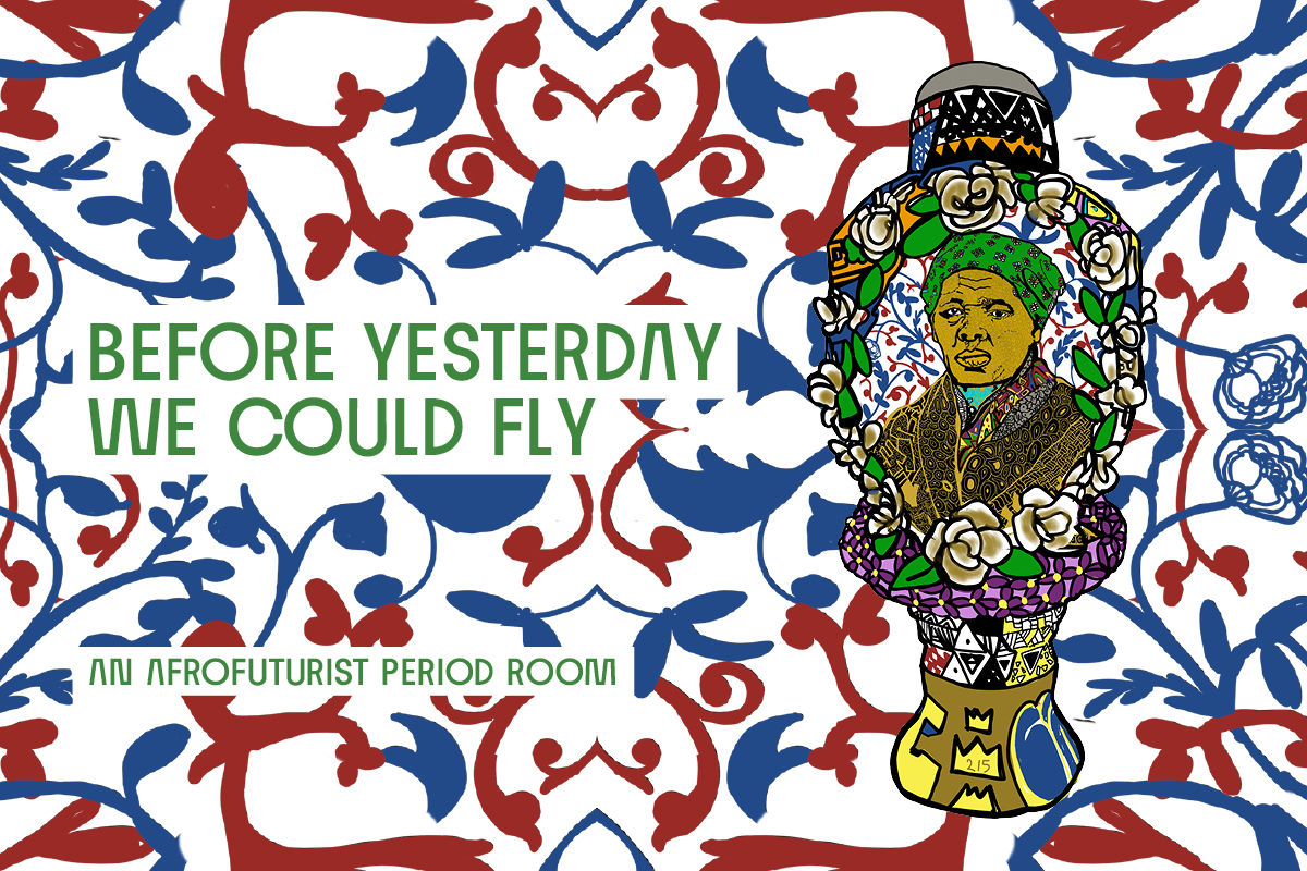 Afrofuturism graphic identity, red, blue, green pattern with image of African American woman