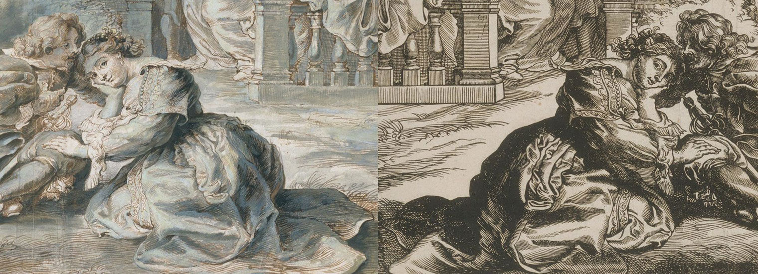 Composite image showing a drawing of two young lovers by Peter Paul Rubens (left) and a print of an identical image by the same artist (right)