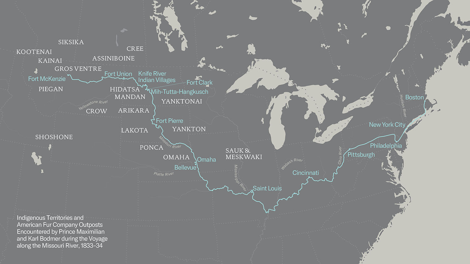 A map of indigenous territories and American Fur Company outposts encountered by Prince Maximilian and Karl Bodmer during the Voyage along the Missouri River, 1833–34