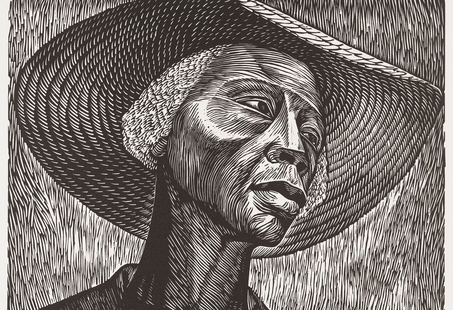 Print rendered in visible uniform lines of a 2/3 bust view of a dark-skinned mature woman looking to her left in a wide brim hat. The portrait is rendered in black and white.