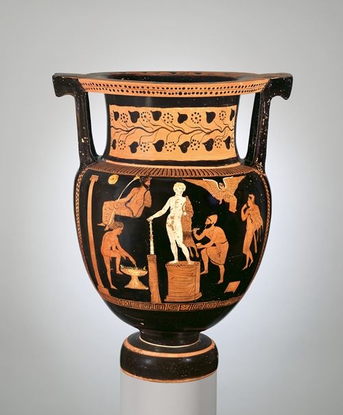 Black vase with light orange paint showing people in togas and floral motfis