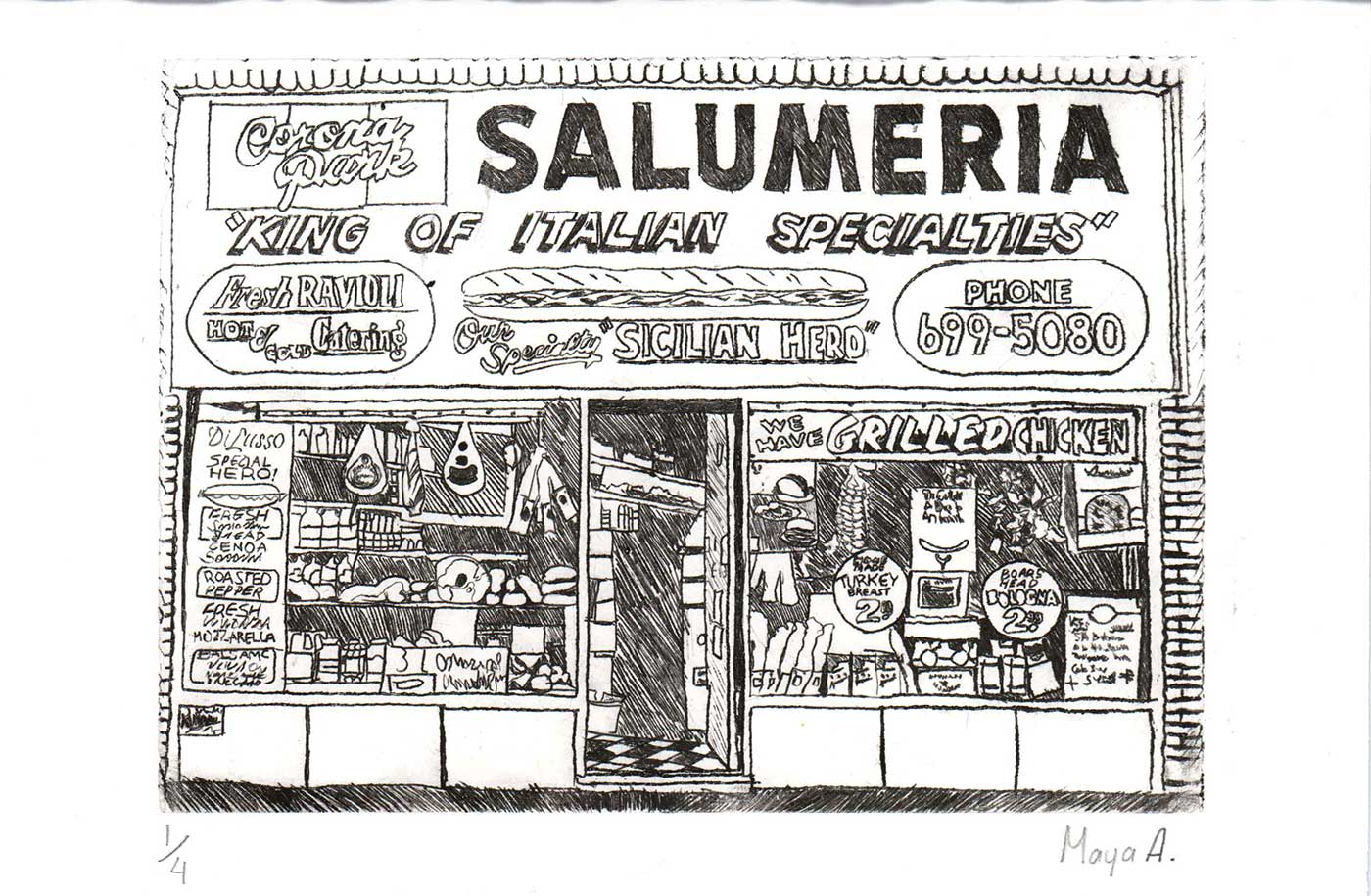 Black and white print of a storefront with bolded text that reads Salumeria.
