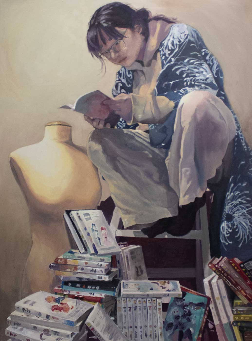 painting of a mannequin and a woman reading a booklet on a ladder.