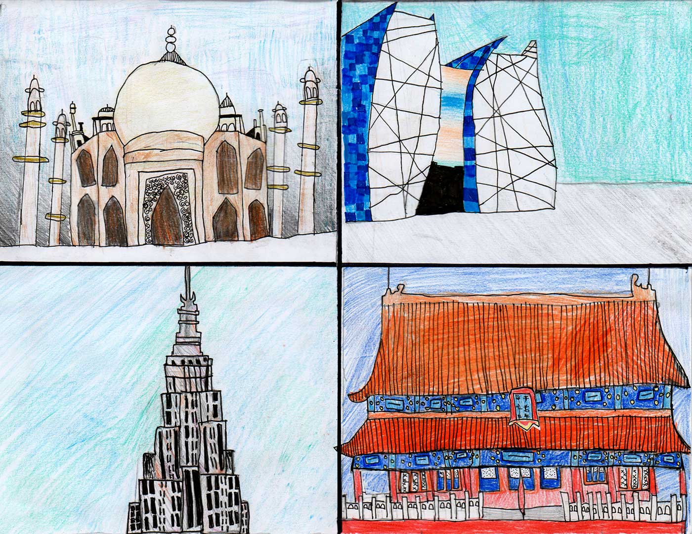 drawing depicting architecture from across the world.